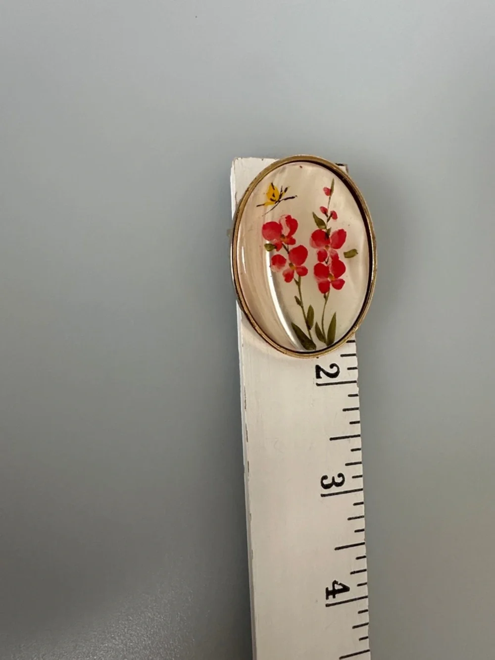Vintage Red and Green Floral Glass Dome Brooch